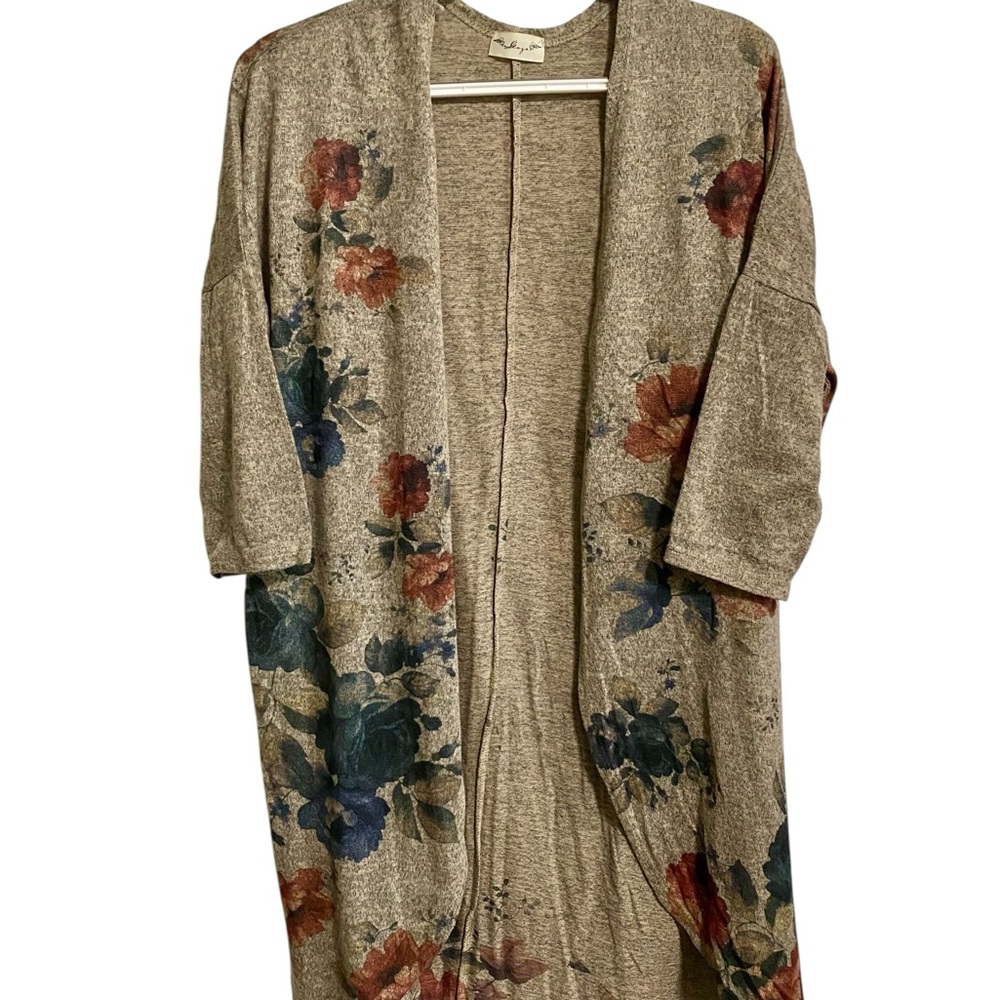 gaze Beige Open-Front Floral Cardigan with Blue and Rust Blooms